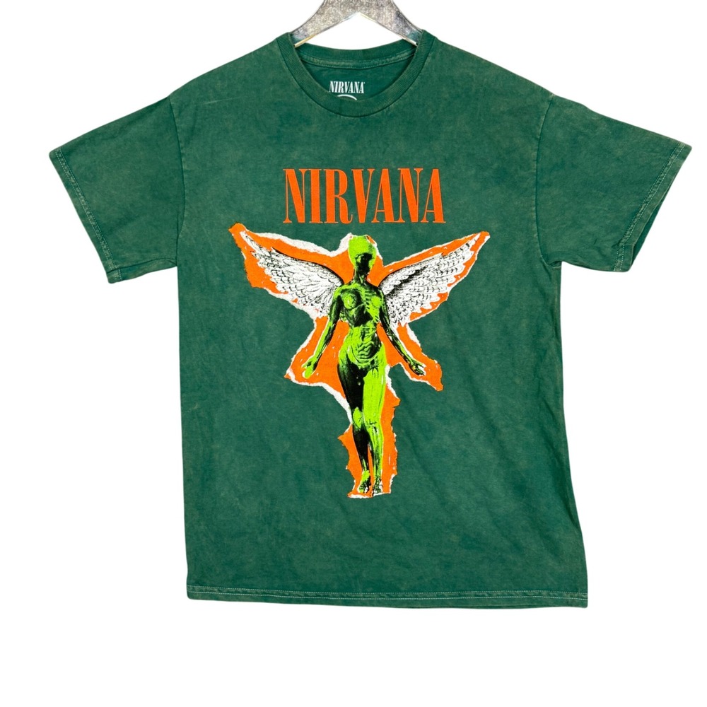 Nirvana Band Tee Mens Medium Green T-Shirt‎ In Utero Angel Graphic Grunge Retro